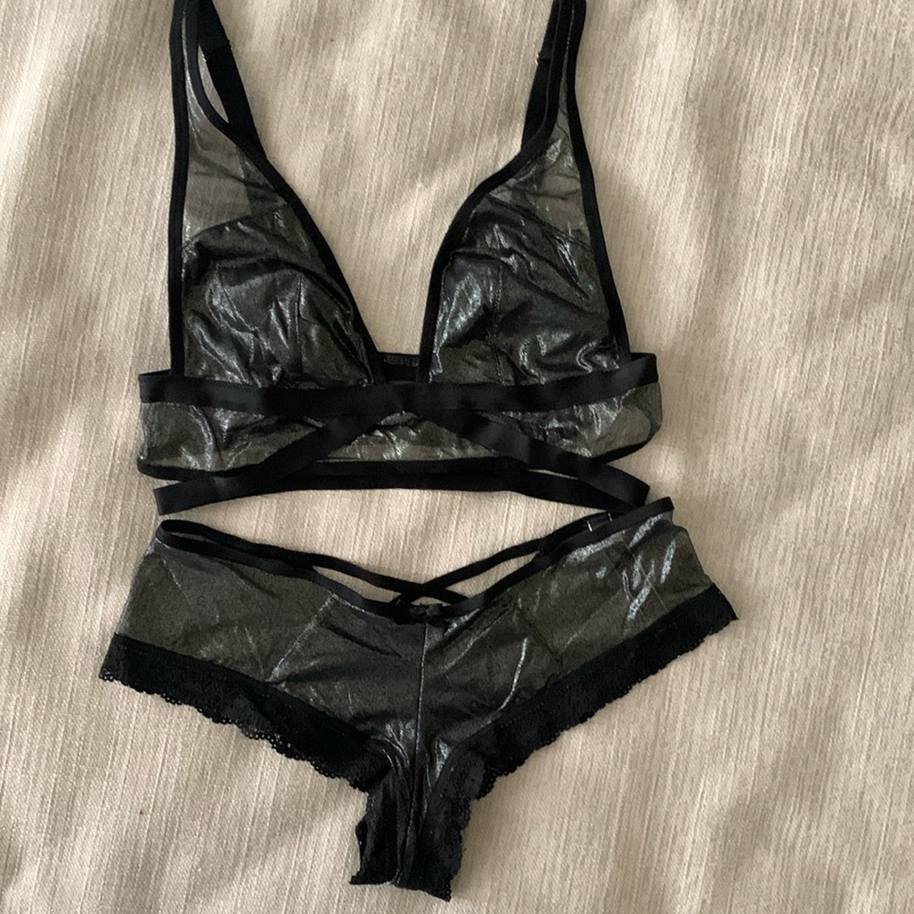 Victoria’s Secret black shiny bralette and matching panty. Size Small
